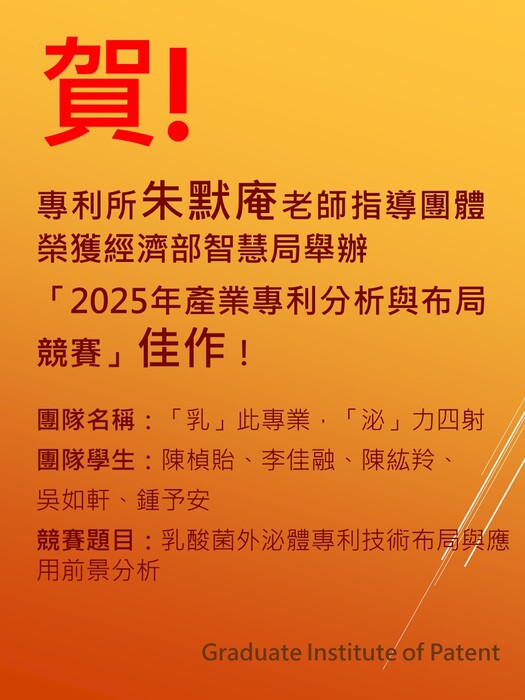 【獲獎榮譽】賀! 本所朱默庵老師指導團隊榮獲經濟部智慧局「2025年產業專利分析與布局競賽」佳作！圖片